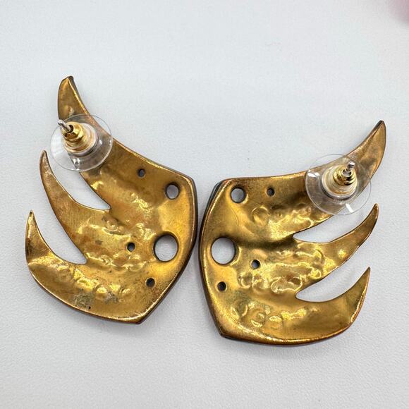 Artisan Flame Wing Earrings Handmade Heat Patina Burning Man Edgy Avant Garde - Picture 7 of 13